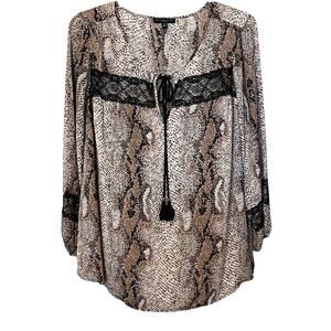 SIGNATURE STUDIO LONG SLV V-NECK TIE/KEYHOLE PULL-OVER TOP, WOMENS, 2X-TAN BROWN